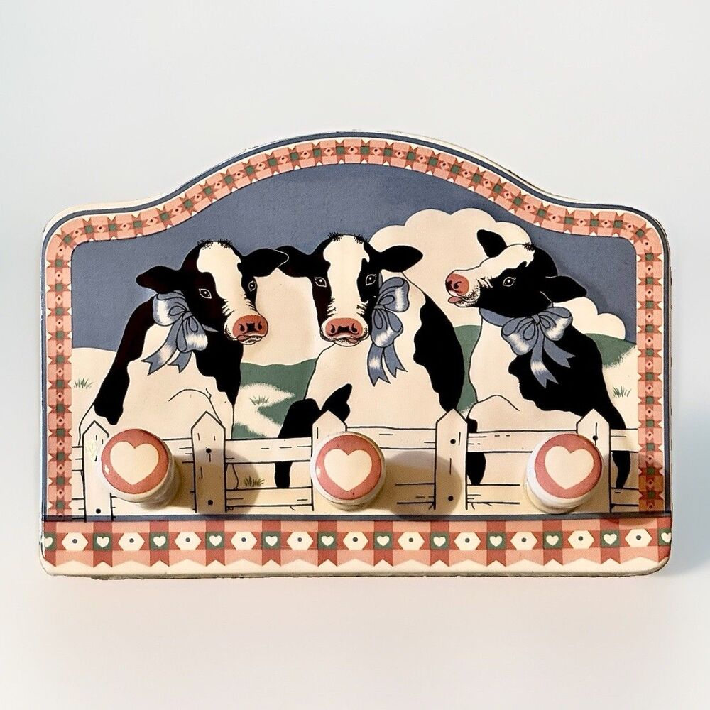 Vintage 80s B&D Japan Holstein Cow 3-Peg Wall Key Holder Country Farmhouse Decor